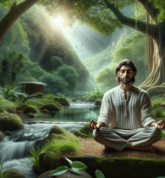 A serene and peaceful scene of a person practicing mindfulness meditation in a tranquil natural setting, emphasizing calm and focus.