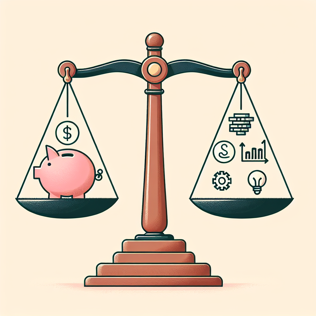 Illustrasjon av en balansert skala mellom en sparegris og aksjeikoner, symboliserer balansen mellom sparing og investeringer for finansiell frihet.