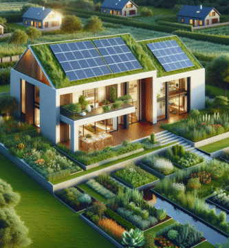 A modern, eco-friendly home with solar panels and a lush green garden