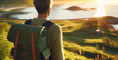 En moderne reisende med liten, bærekraftig ryggsekk på en kyststi ved soloppgang, grønne omgivelser, nordisk estetikk, rolig og inspirerende stemning