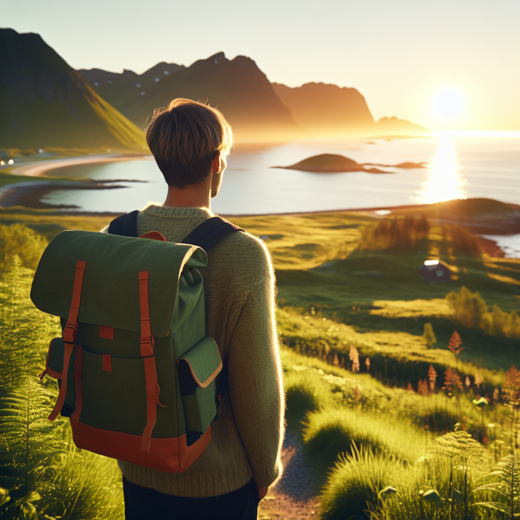 En moderne reisende med liten, bærekraftig ryggsekk på en kyststi ved soloppgang, grønne omgivelser, nordisk estetikk, rolig og inspirerende stemning