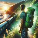 Lys og inspirerende bilde av bærekraftig ferie: en reisende med lett ryggsekk ved en kyststi, tog i bakgrunnen, grønne toner og myk solnedgang