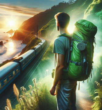 Lys og inspirerende bilde av bærekraftig ferie: en reisende med lett ryggsekk ved en kyststi, tog i bakgrunnen, grønne toner og myk solnedgang