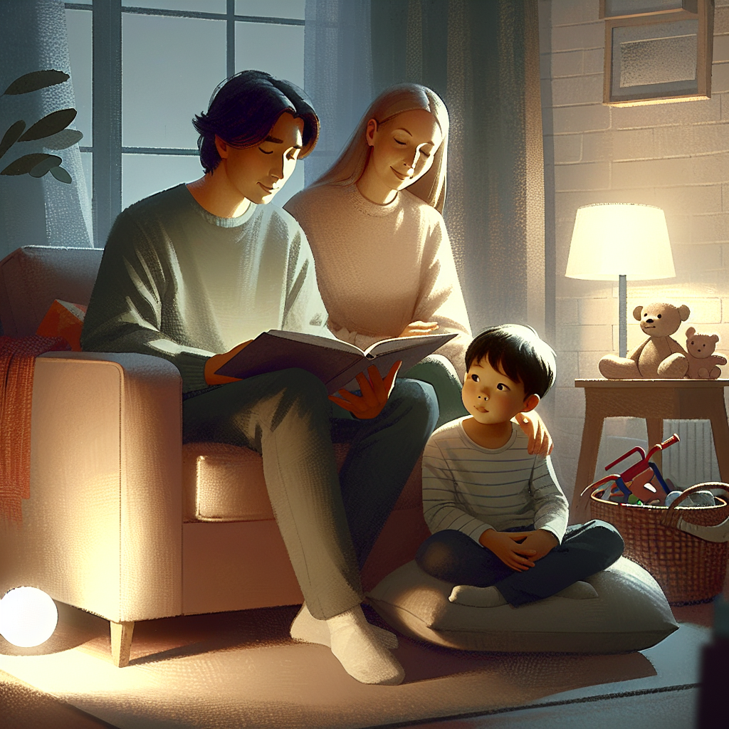 En moderne familie i en varm stue som følger kveldens rutine: forelder leser for et barn i en myk lenestol, rolig belysning, leker ryddet i bakgrunnen, naturlig og mild fargepalett.