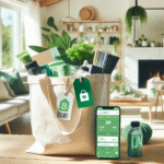 Oversiktsbilde av bærekraftig shopping: handlepose med grønne produkter, prislapper, mobil som viser tilbud og stilrent skandinavisk hjem, lyst og moderne