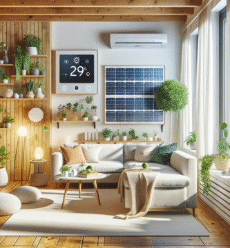 Lys og moderne stue med energieffektive løsninger: solcellepaneler synlige utenfor vinduet, grønne planter, smart termostat på veggen og varm, innbydende atmosfære